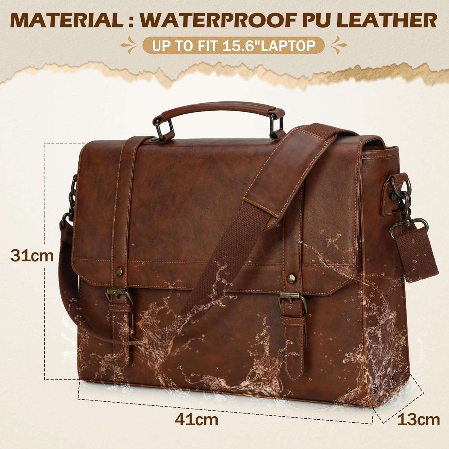 IGOLUMON Messenger Bag for Men 15.6 inch Vintage Leather Waterproof Laptop Briefcase Large Computer Laptop Bag Leather Satchel Bag Retro Shoulder Bag for Office Business Travel College, Brown
