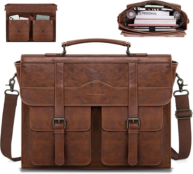 RAINSMORE Mens Messenger Bag 17 Inch Vintage Leather Laptop Briefcase Magnetic Closure Large Satchel Computer Shoulder Bag