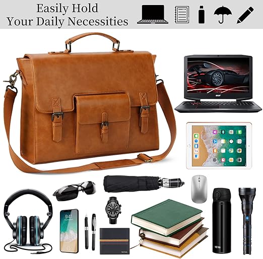Leather Messenger Bag for Men 15.6 Inch Waterproof Vintage Leather Laptop Briefcase Large Satchel Shoulder Bag Office Travel College Computer Laptop Bag, Brown