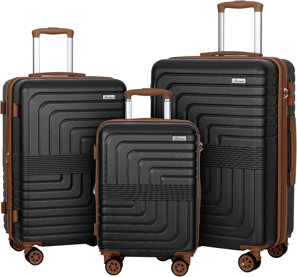 Romswi 3 Piece Luggage Sets, Expandable PC+ABS Hardshell Suitcase Set with TSA Lock YKK Zipper and Dual Spinner Wheels, Large Checked Travel Suitcases, 22/26/30 Inch, Black