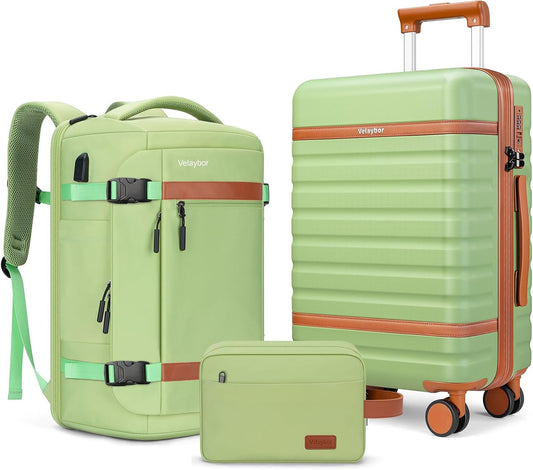 Luggage Sets 3 Piece with Spinner Wheels, Lightweight PC Hardside Suitcase with TSA Lock & YKK Zippers, 20 Inch Carry On Luggage with Travel Bag for Men and Women, Avocado Green