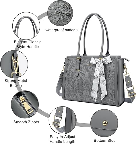 MOSISO Laptop Bag for Women, PU Leather Tote Bag, Front Embossed Retro Hibiscus Computer Bags with Silk Scarf&Clutch Purse