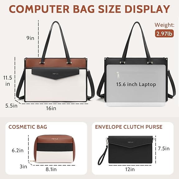 Keyli 3pcs Laptop Bag for Women 15.6 Inch Leather Work Tote Bags Professional Business Office Computer Shoulder Briefcase