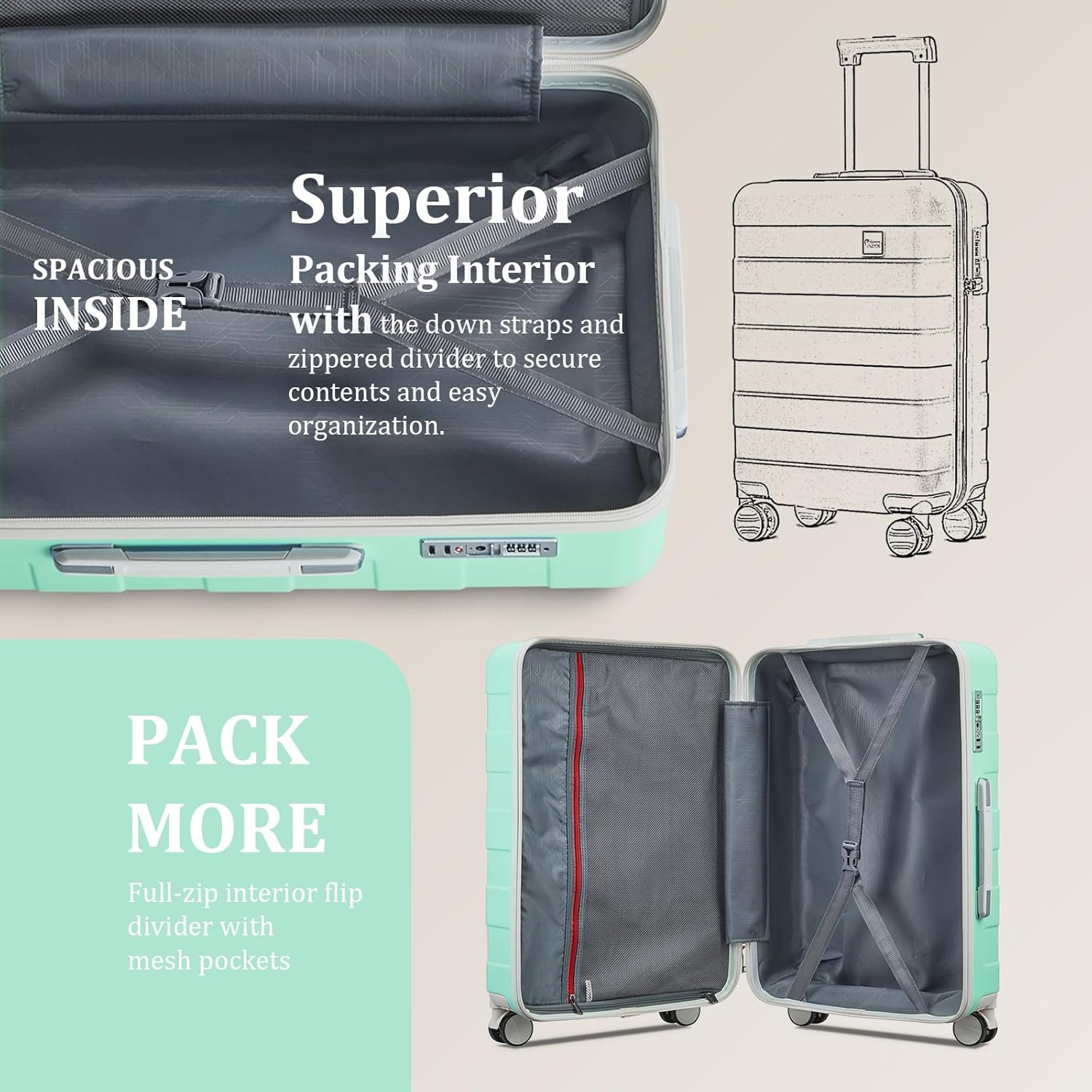 imiomo Hard Shell Luggage Sets 5 Piece for Women, Lightweight Hardside Rolling Suitcase Set with Spinner Wheels and TSA Lock, Green