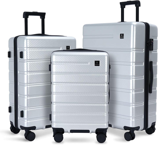 Luggage Sets 3 Piece, 100% PC Hardside Luggage with Spinner Wheel TSA LOCK Lightweight Quiet Suitable for Men and Women, Family Travel Y01 Silver 20/24/28(Diagonal stripes)
