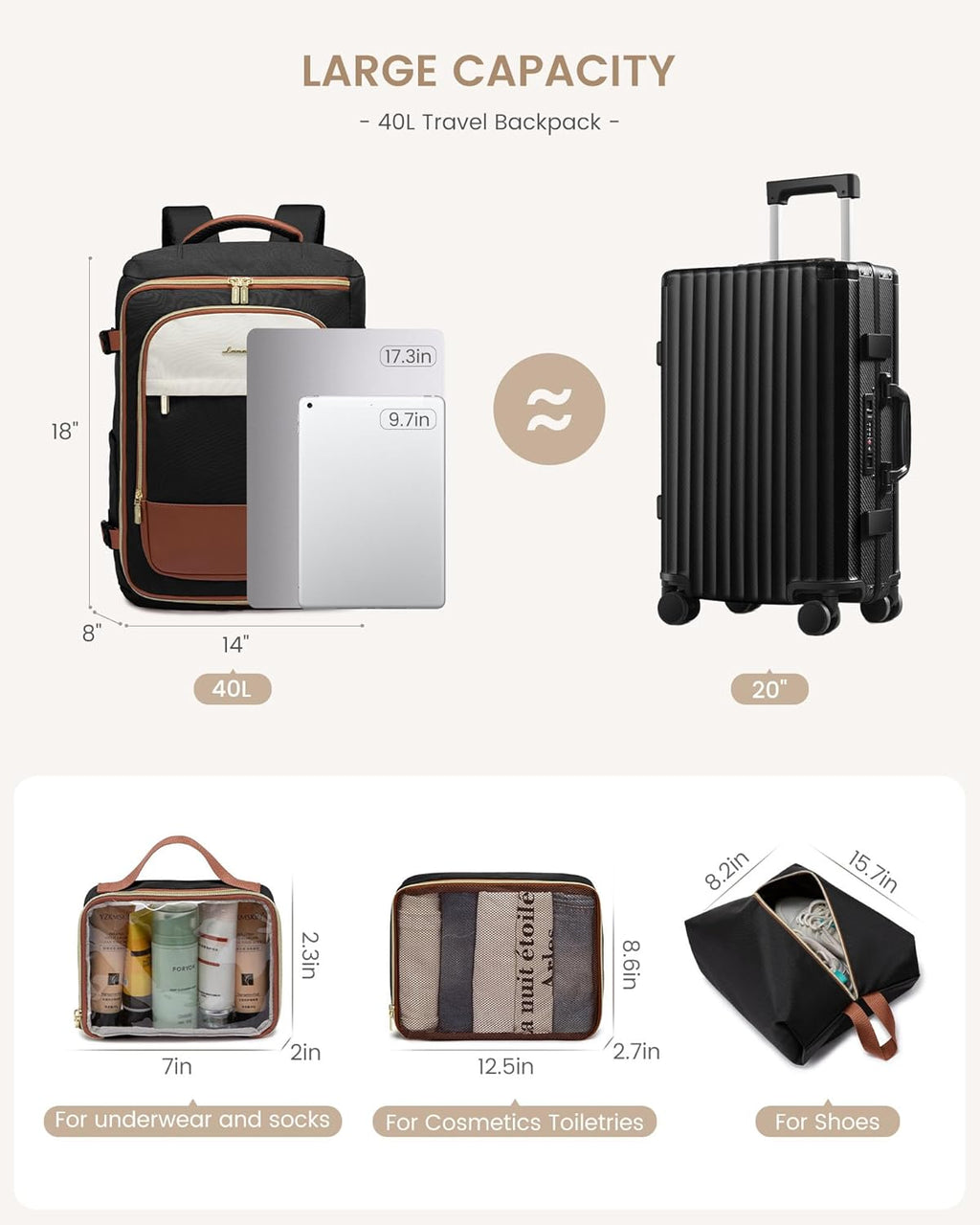 LOVEVOOK 40L Travel Backpack for Women, TSA Approved Carry On Backpack with 3 Packing Cubes, Personal Item Bag Fits 17" Laptop, Water-resistant Carry On Bag for Airplanes