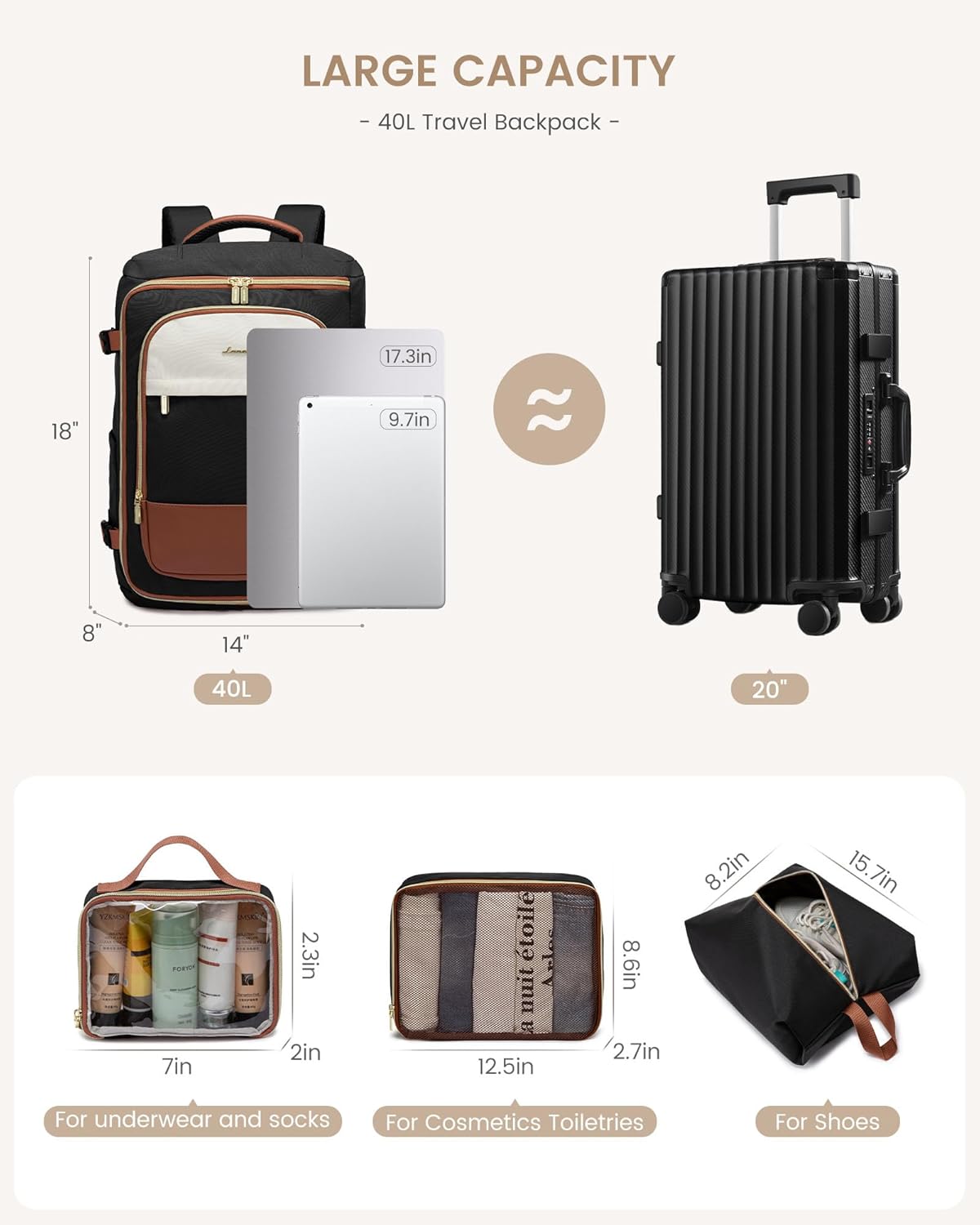 LOVEVOOK 40L Travel Backpack for Women, TSA Approved Carry On Backpack with 3 Packing Cubes, Personal Item Bag Fits 17" Laptop, Water-resistant Carry On Bag for Airplanes