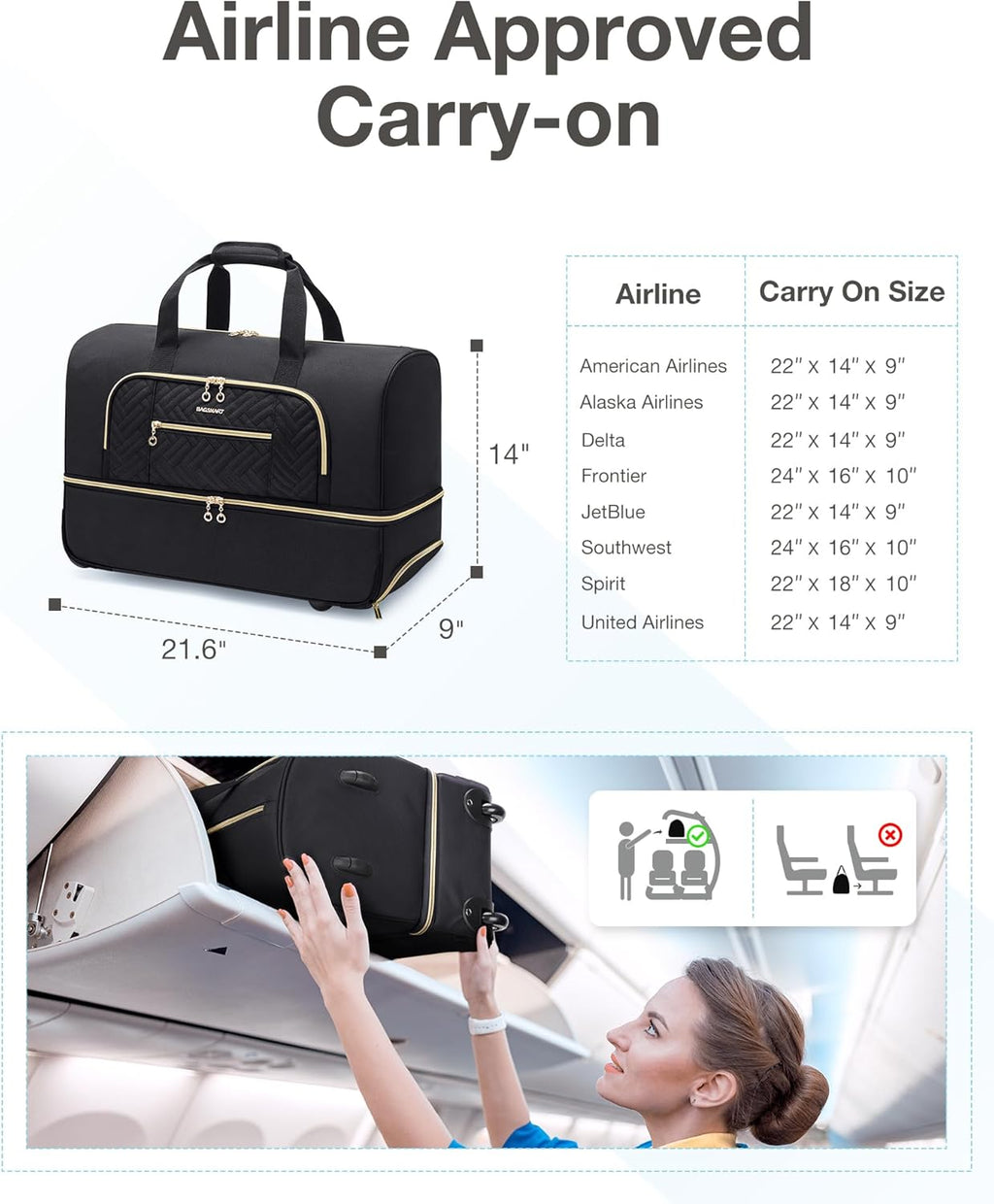 BAGSMART Rolling Duffle Bag with Wheels, 45L Carry-on Luggage Large Travel Bag with Shoes Compartment, Weekender Overnight Bag for Travel, Business Trips(Black)