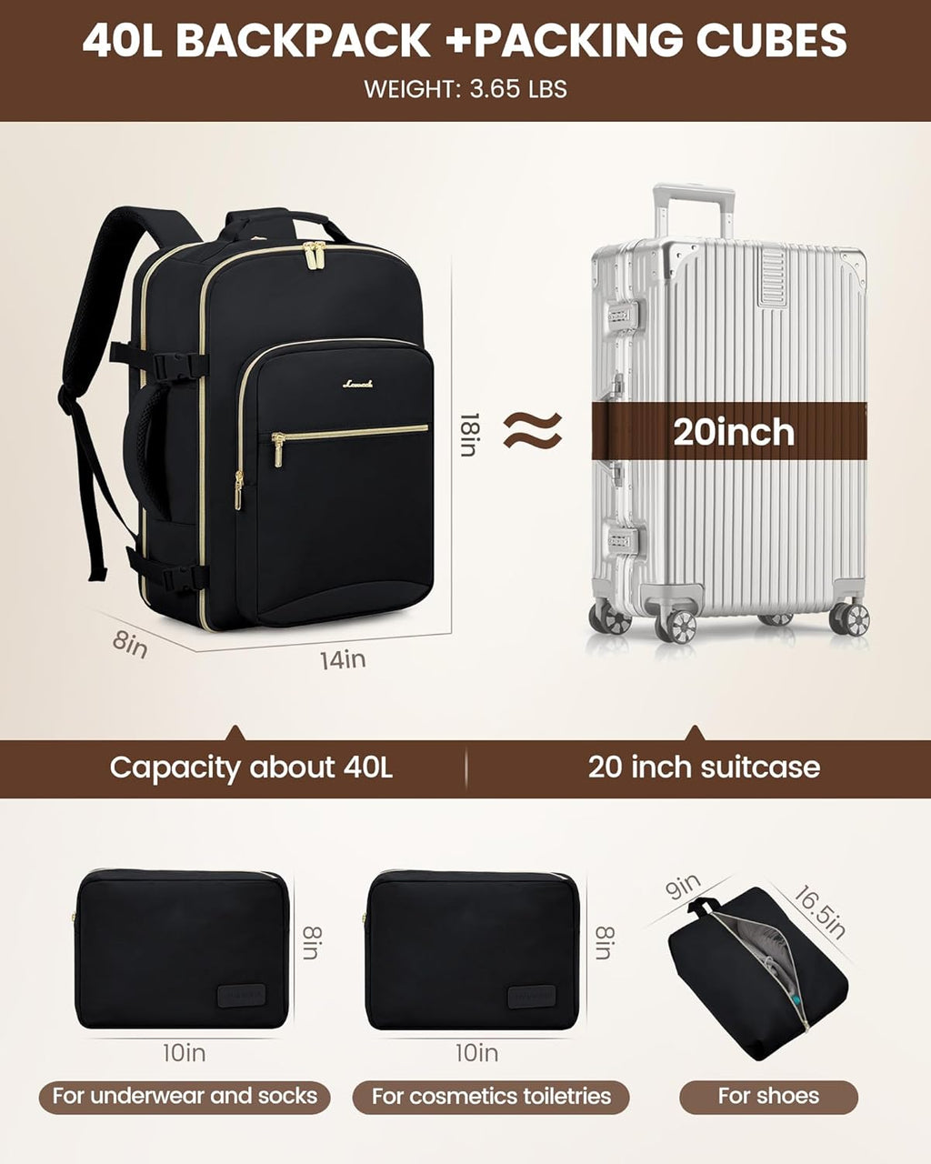 LOVEVOOK Travel Backpack for Women & Men 40L,Airline Approved Carry On Backpack Travel Essentials,TSA Carry on Luggage,Waterproof Personal Item Travel Bag,Suitcase with 3 Packing Cubes,Black-Black