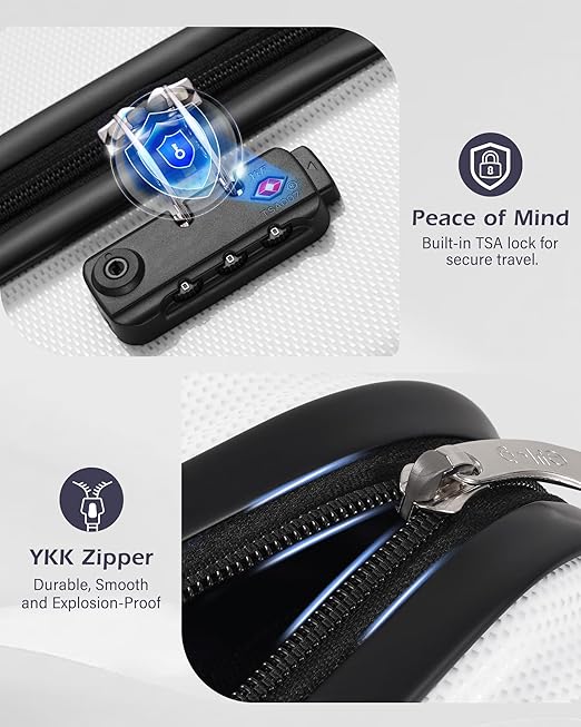 Coolife Luggage Expandable 5 Piece Sets PC+ABS Spinner Suitcase 20 inch 24 inch 28 inch (white grid new)