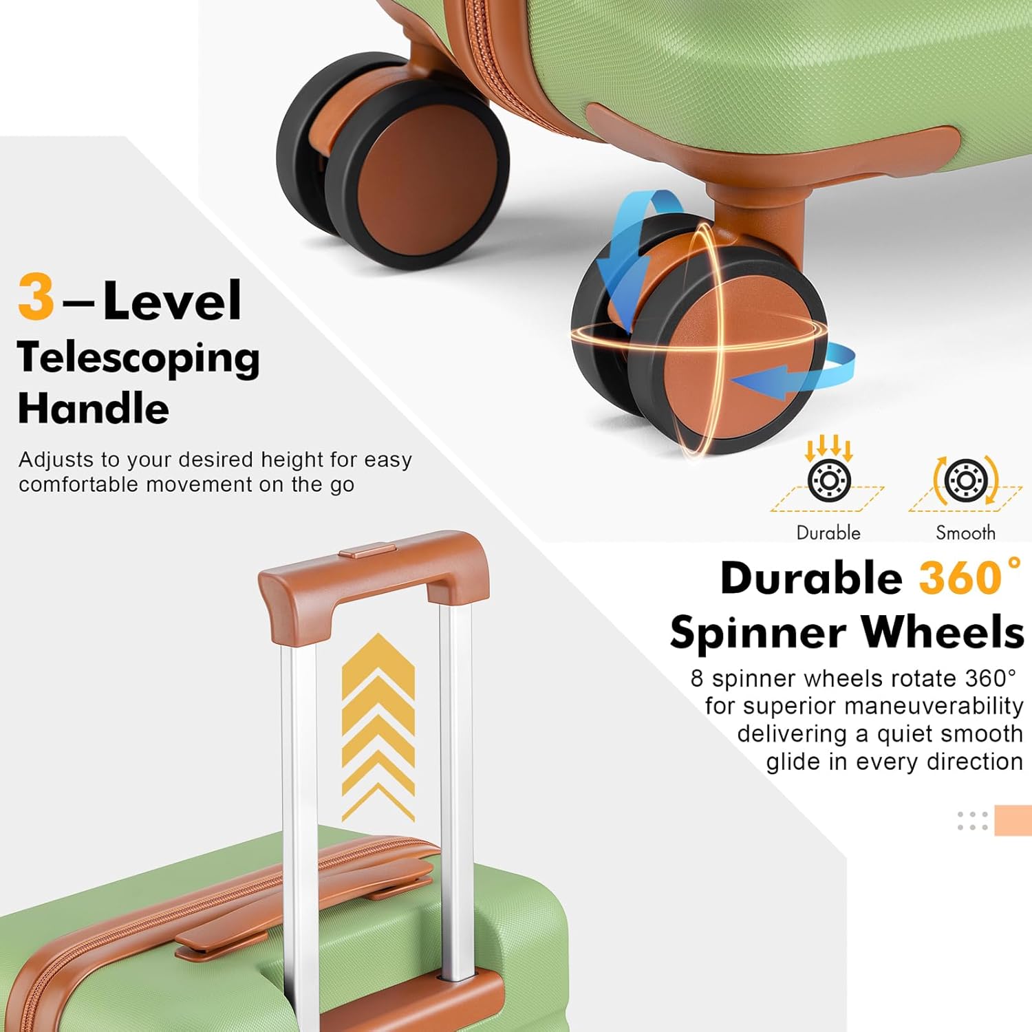 Luggage Sets 3 Piece with Spinner Wheels, Lightweight PC Hardside Suitcase with TSA Lock & YKK Zippers, 20 Inch Carry On Luggage with Travel Bag for Men and Women, Avocado Green