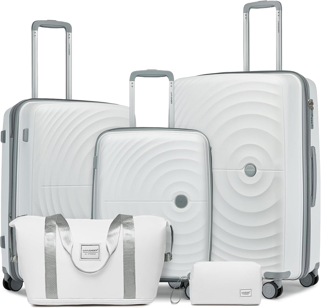 LARVENDER Luggage Sets 5 Piece, PP Hardshell Suitcase Set, Carry on Luggage Set, Expandable Travel Luggage Set with TSA Lock, Large Suitcase with Spinner Wheels for Women Men(WHITE/20/24/28/DB/TB)