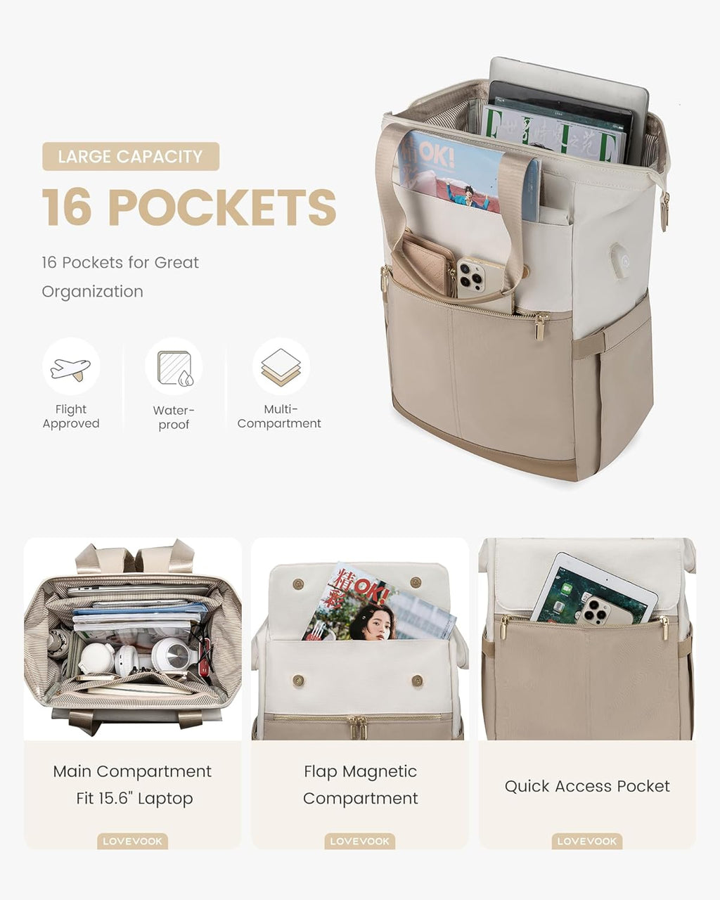 LOVEVOOK Laptop Backpack for Women, 15.6 Inch Work Laptop Bag with USB Port, Fashion Teacher Nurse Backpack Purse, Waterproof Travel Computer Backpack with Organizer Bag, 2PCS, Beige-Khaki