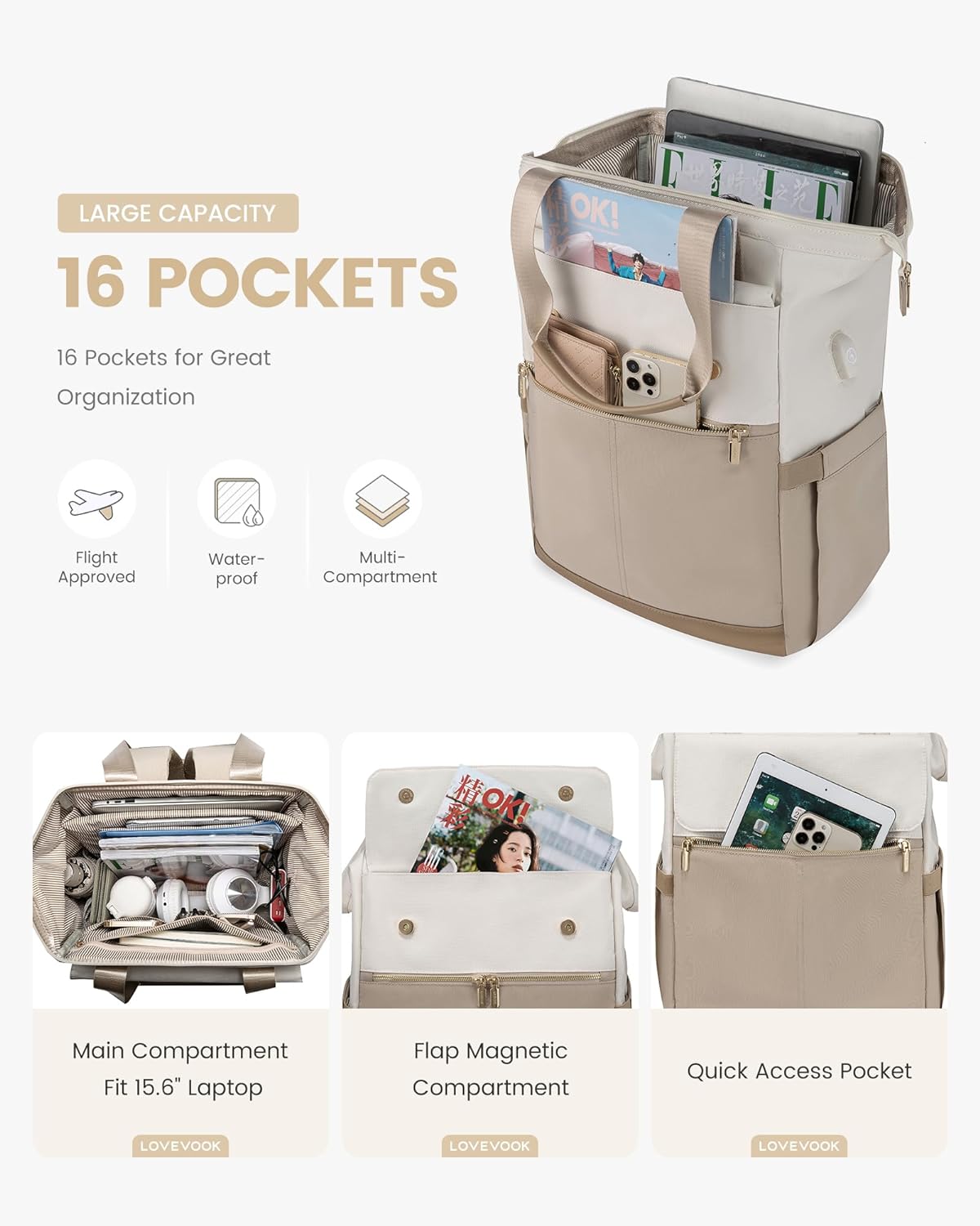 LOVEVOOK Laptop Backpack for Women, 15.6 Inch Work Laptop Bag with USB Port, Fashion Teacher Nurse Backpack Purse, Waterproof Travel Computer Backpack with Organizer Bag, 2PCS, Beige-Khaki