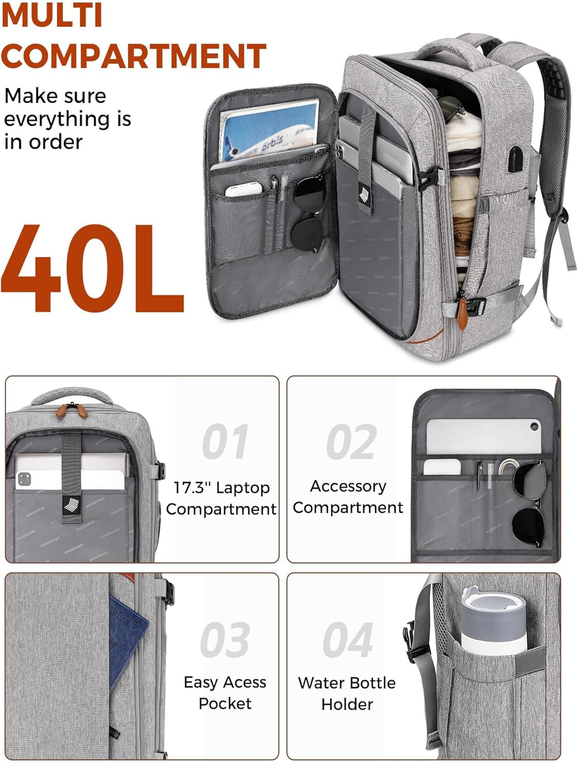 Vancropak Carry on Backpack, Flight Approved Travel Backpack with 3 Packing Cubes, Expandable Large 40L Travel Bag fits 17.3" Laptop, Anti Theft Luggage Suitcase Weekend Daypack for Women Men, Grey