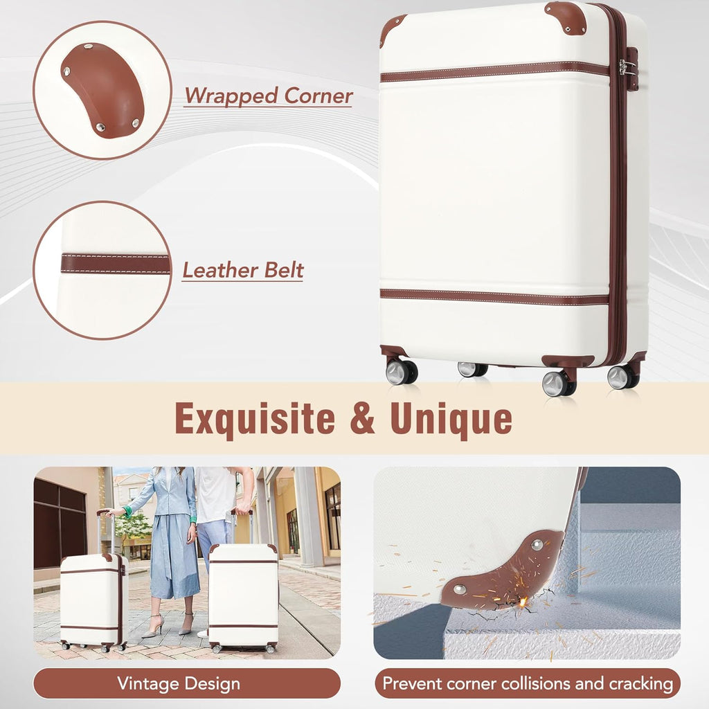 Merax Luggage Set 3 Piece Suitcase Set with Cosmetic Case Expandable Spinner Wheels Vintage Luggage Sets(White,20"+24"+28")