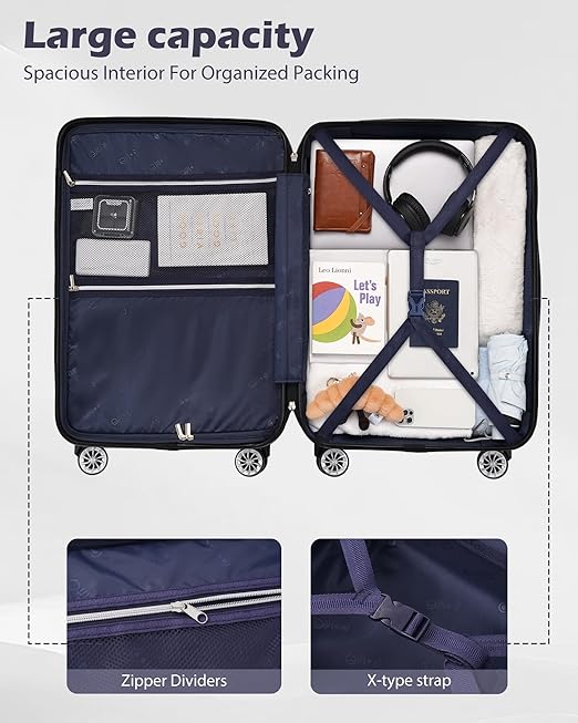 Coolife Luggage Expandable 5 Piece Sets PC+ABS Spinner Suitcase 20 inch 24 inch 28 inch (white grid new)