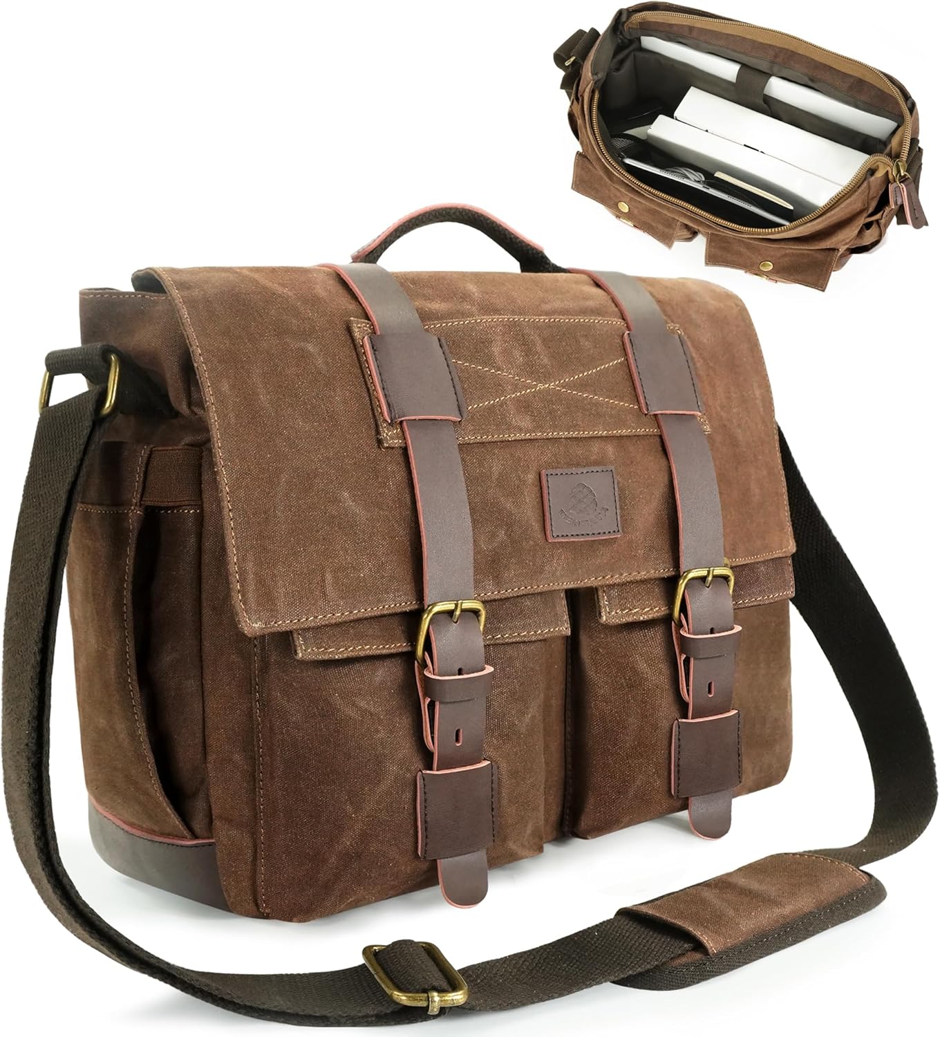 Messenger Bag for Men, 14-15.6 Inch Laptop Bag, Water-resistant Waxed Canvas Messenger Bag, Vintage Computer Satchel Briefcase for School Work Travel (Vintage Brown)