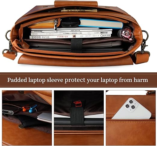 Leather Messenger Bag for Men 15.6 Inch Waterproof Vintage Leather Laptop Briefcase Large Satchel Shoulder Bag Office Travel College Computer Laptop Bag, Brown