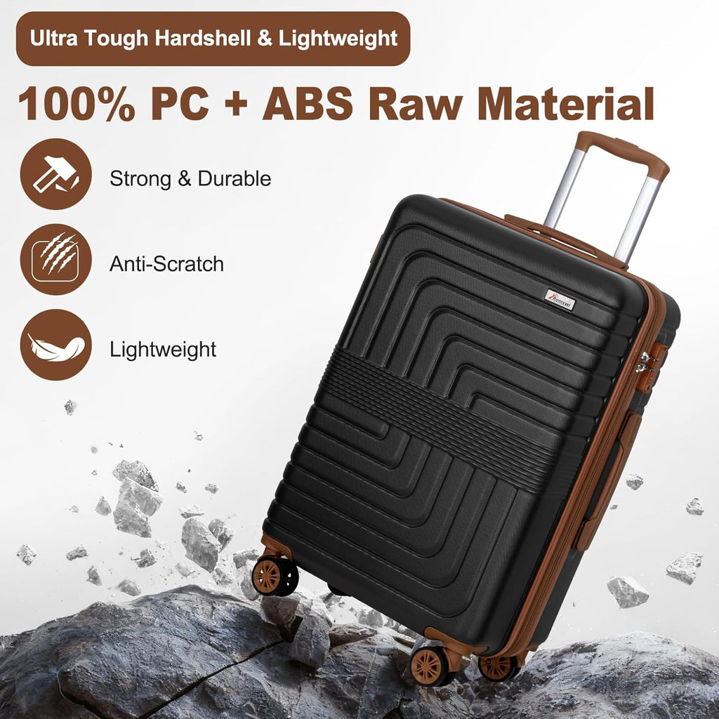 Romswi 3 Piece Luggage Sets, Expandable PC+ABS Hardshell Suitcase Set with TSA Lock YKK Zipper and Dual Spinner Wheels, Large Checked Travel Suitcases, 22/26/30 Inch, Black