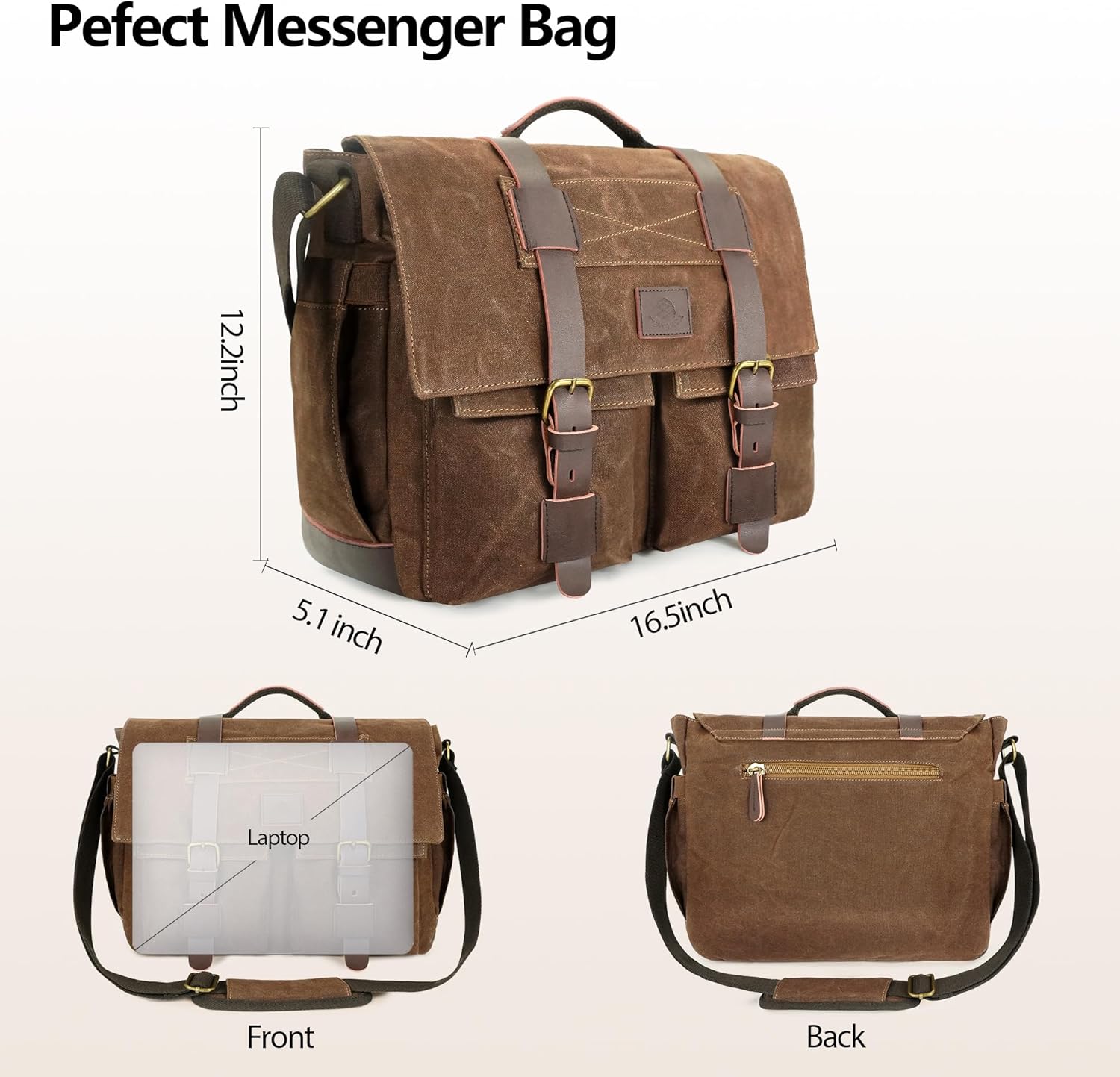 Messenger Bag for Men, 14-15.6 Inch Laptop Bag, Water-resistant Waxed Canvas Messenger Bag, Vintage Computer Satchel Briefcase for School Work Travel (Vintage Brown)