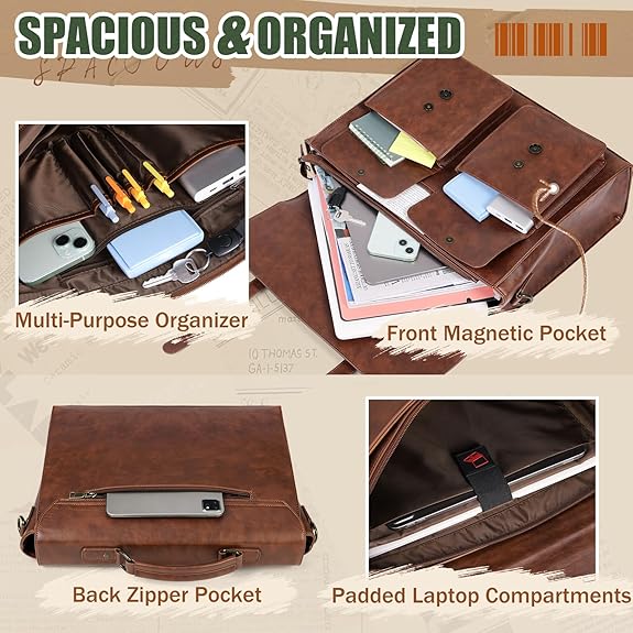 RAINSMORE Mens Messenger Bag 17 Inch Vintage Leather Laptop Briefcase Magnetic Closure Large Satchel Computer Shoulder Bag