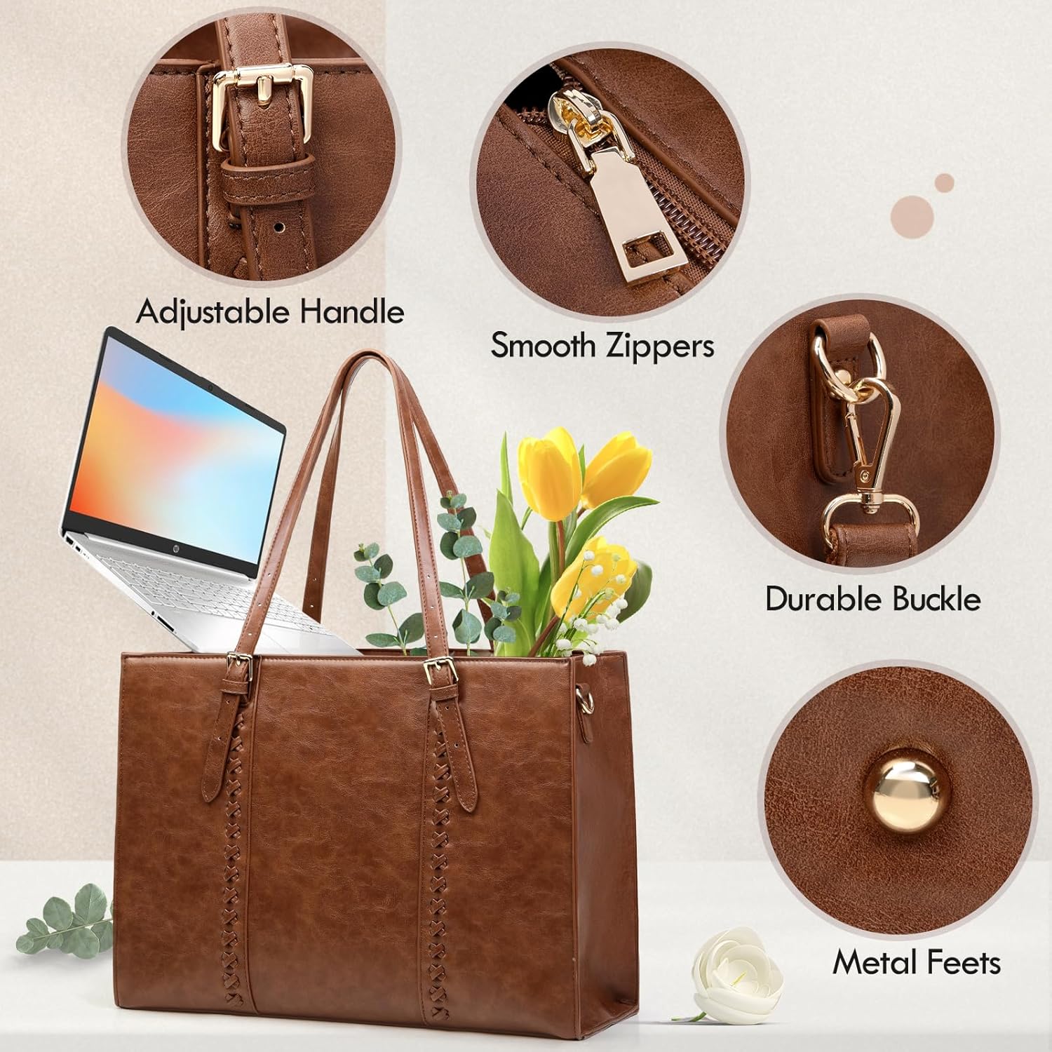 RAINSMORE Laptop Bag for Women, 15.6 inch Laptop Tote Bag PU Leather Computer Work Bag Lightweight Shoulder Handbags, Brown