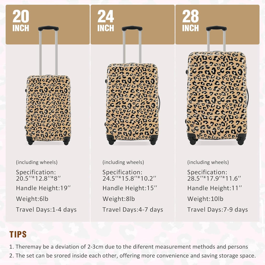 Merax Luggage Sets 3 Piece, Hardside Expandable Suitcase Set with Spinner Wheels, Lightweight Leopard 20+24+28 IN Suitcase with Carry on Luggage, Leopard Brown