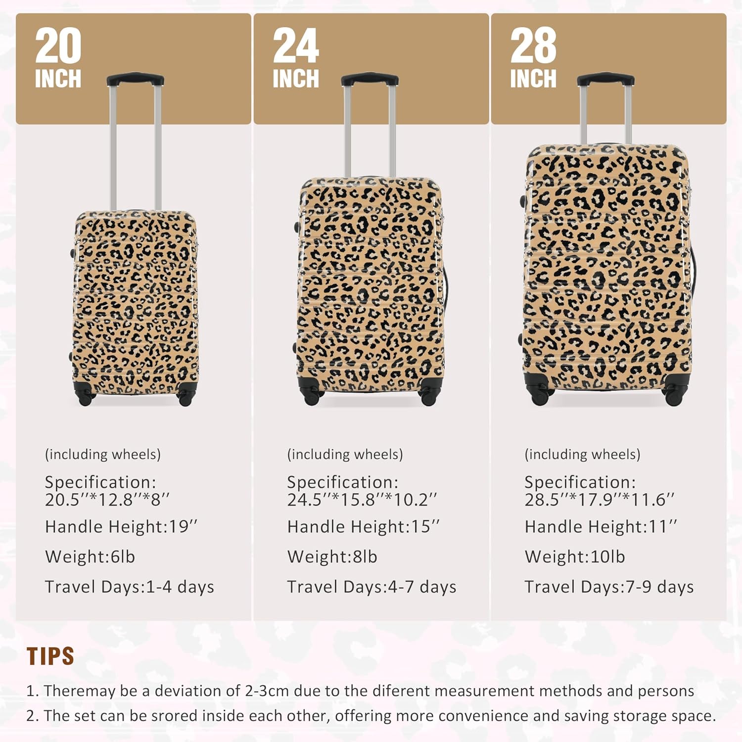 Merax Luggage Sets 3 Piece, Hardside Expandable Suitcase Set with Spinner Wheels, Lightweight Leopard 20+24+28 IN Suitcase with Carry on Luggage, Leopard Brown