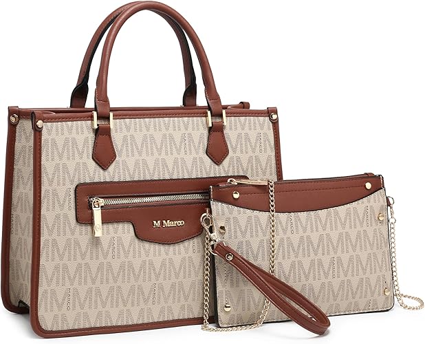 MKP Tote Bag for Women Medium Signature Monogram Satchel Handbags Purses Top Handle Shoulder Bags Wristlet Wallet Set 2pcs