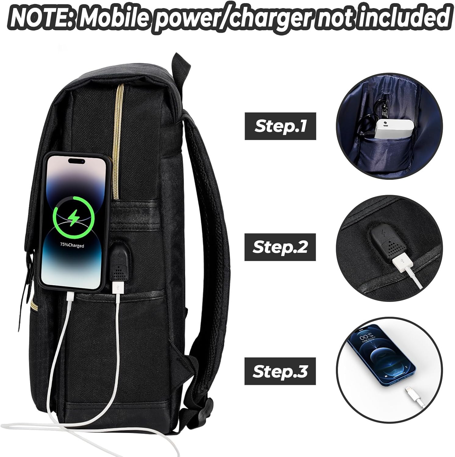 Ronyes Vintage Laptop Backpack for Women Men,15.6 inch Bookbag Casual Daypack with USB Charging Port for College Work, All Black Backpacks