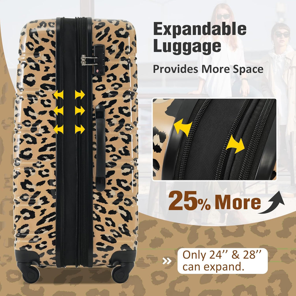Merax Luggage Sets 3 Piece, Hardside Expandable Suitcase Set with Spinner Wheels, Lightweight Leopard 20+24+28 IN Suitcase with Carry on Luggage, Leopard Brown