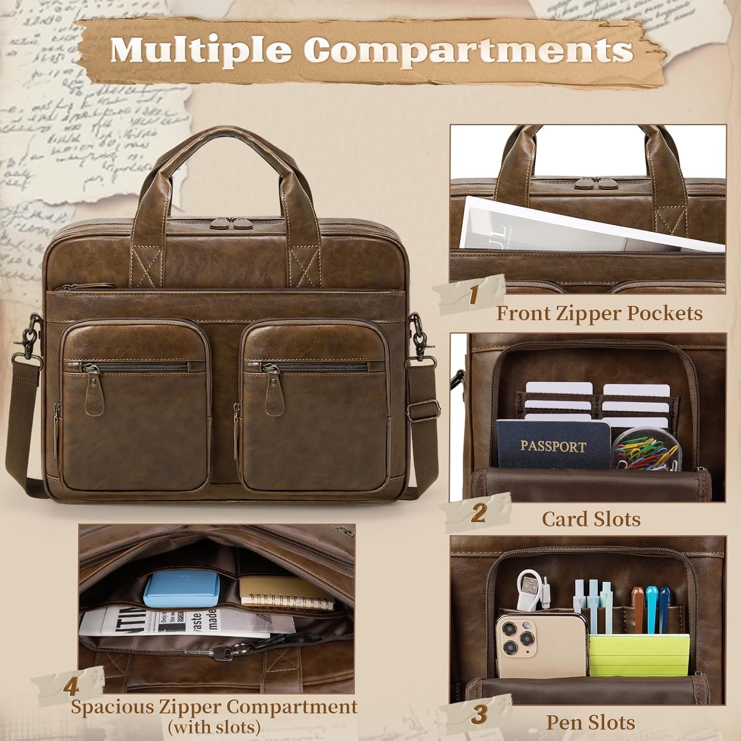 RAINSMORE Vintage Messenger Bag for Men PU Vegan Leather Computer Laptop Bag 15.6 Inch Waterproof Briefcases for Men