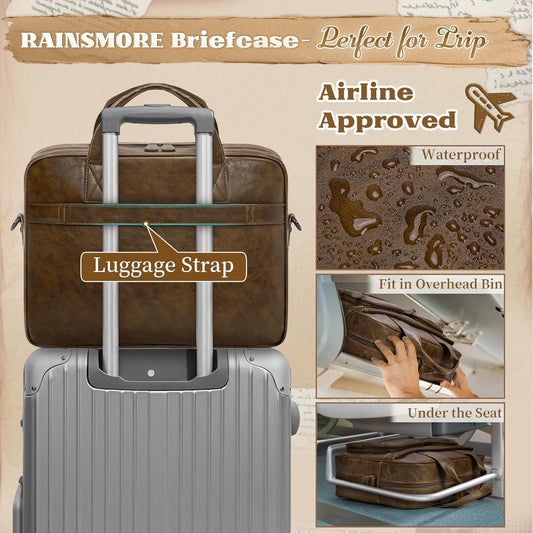 RAINSMORE Vintage Messenger Bag for Men PU Vegan Leather Computer Laptop Bag 15.6 Inch Waterproof Briefcases for Men Retro Mens Briefcase Satchel Bag for Work Office Business Travel Brown