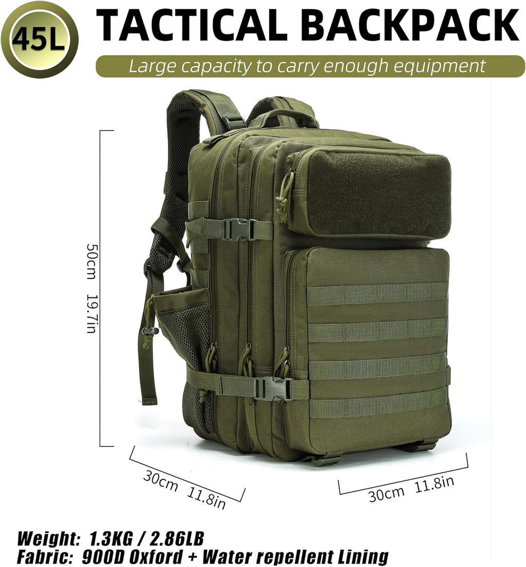 gracedon Tactical Backpack - Military Molle Bag 3 Days Pack for men and Women Large Assault Rucksack 45L (Green)