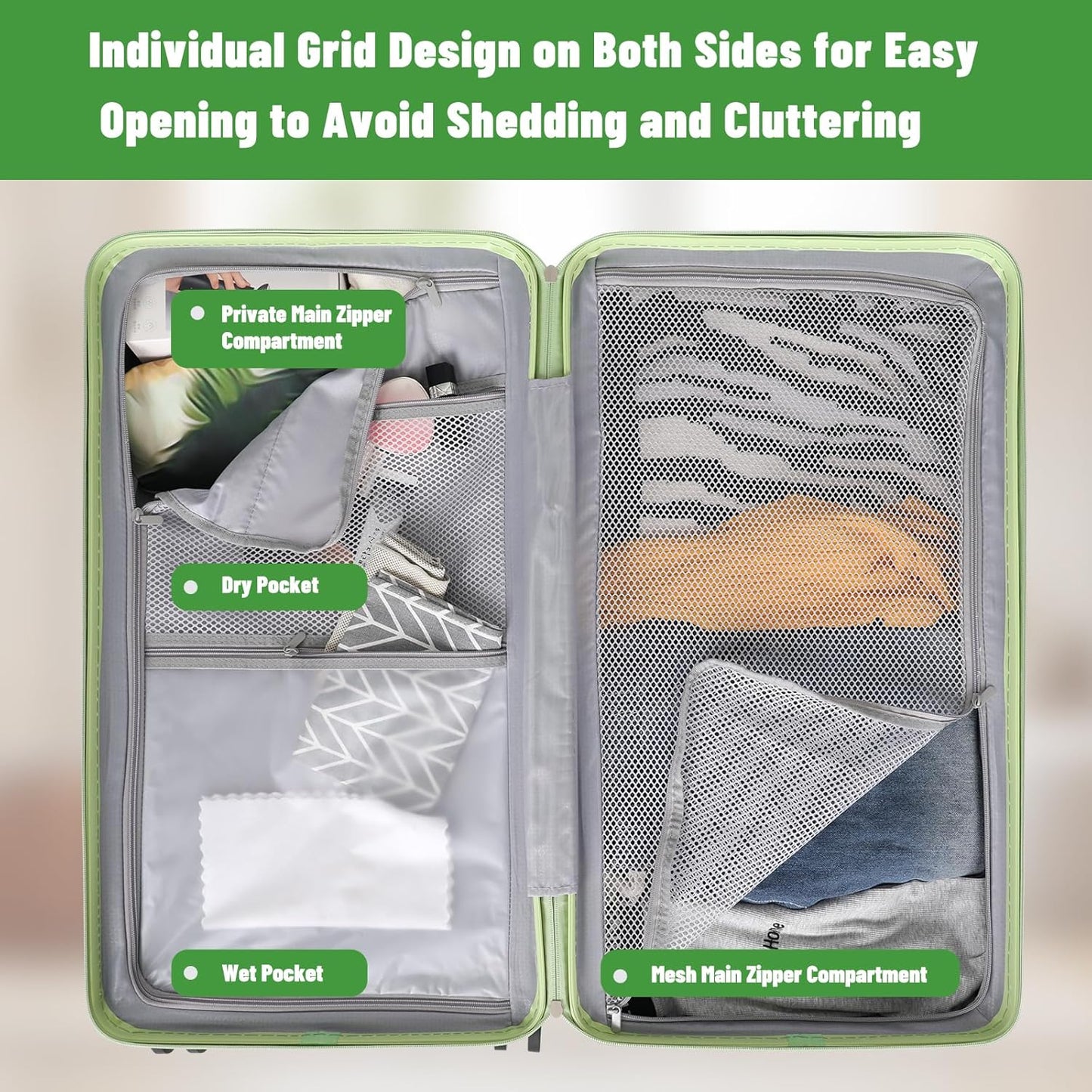 Carry-on 20 Inch and 28 Inch Square Thickened ABS+PC Hard Shell luggage, 2-Piece Suitcase Set with TSA Lock & Dual Zipper Mesh Inner Layer Design, Avocado Green