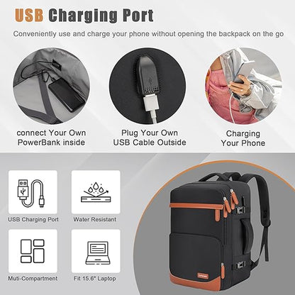 40L Travel Backpack with USB Charging Port, Water-Resistant Carry On Backpack for Men Women, Business Laptop Backpack for Trips & Commutes, Fits 15.6/17.3 Inch Laptop