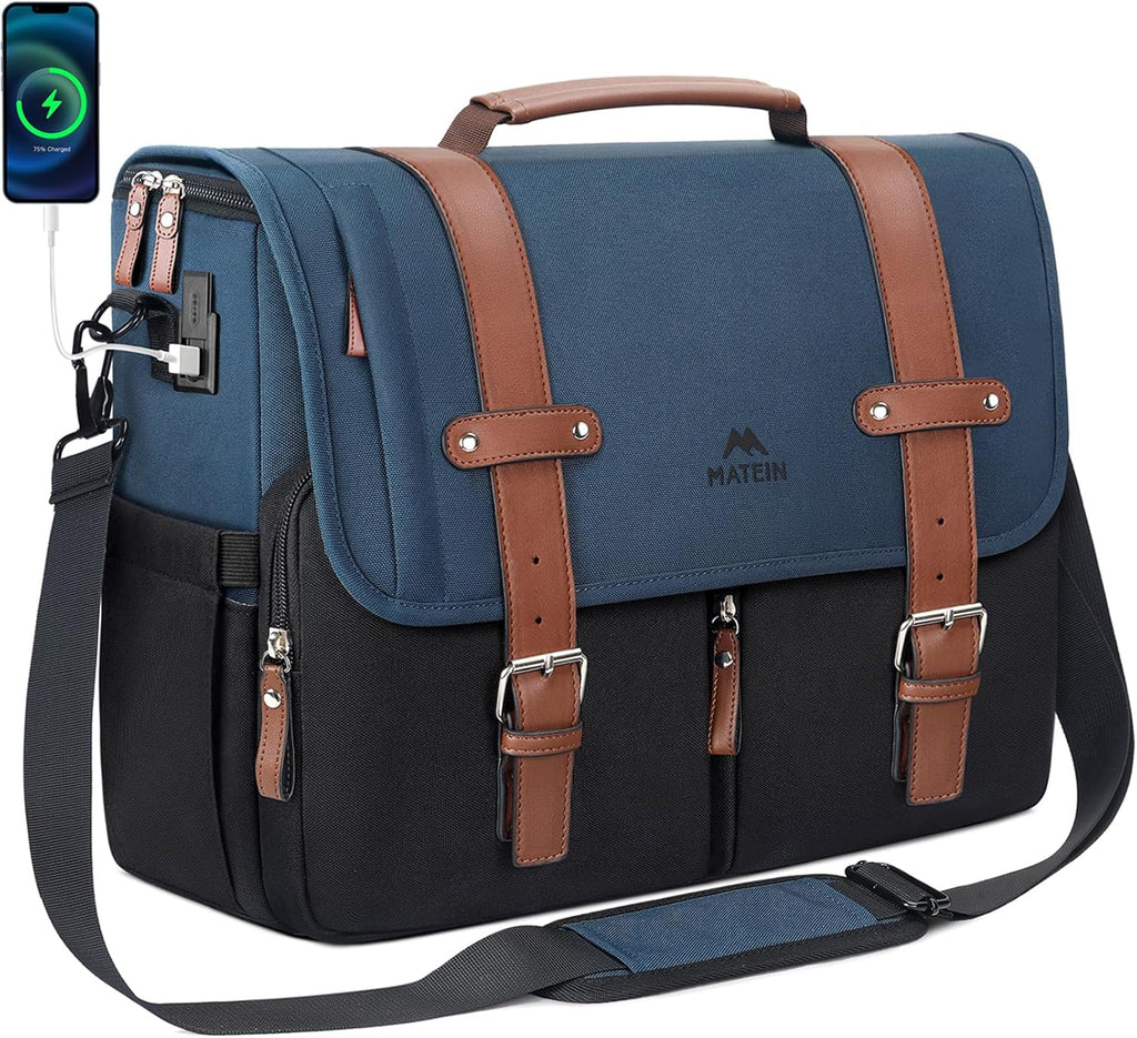 MATEIN Messenger Bag for Men with USB Charging Port, Large Crossbody Satchel 15.6 inch School Laptop Bags with Shoulder Strap, Water Resistant Work Computer Briefcase for Office Commuting College