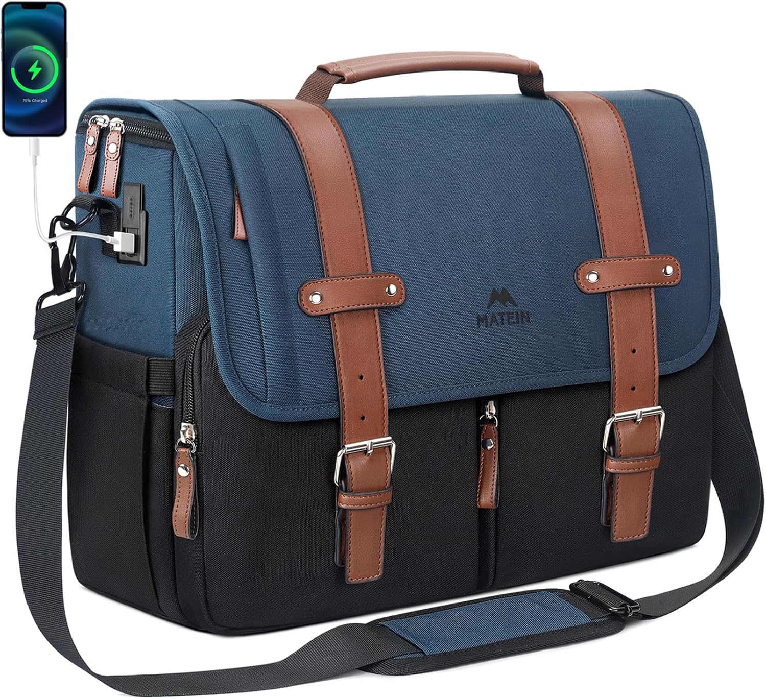 MATEIN Messenger Bag for Men with USB Charging Port, Large Crossbody Satchel 15.6 inch School Laptop Bags with Shoulder Strap, Water Resistant Work Computer Briefcase for Office Commuting College