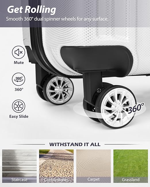 Coolife Luggage Expandable 5 Piece Sets PC+ABS Spinner Suitcase 20 inch 24 inch 28 inch (white grid new)