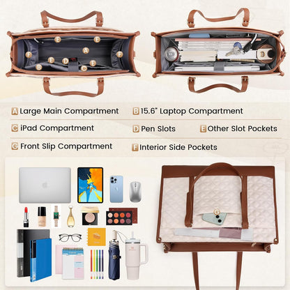 IGOLUMON Laptop Bag for Women 15.6 Inch Vegan Leather Work Tote Bag Quilted Womens Briefcase Designer Laptop Bags for Office Teacher College Cute Computer Bag with Purse Professional Beige & Brown