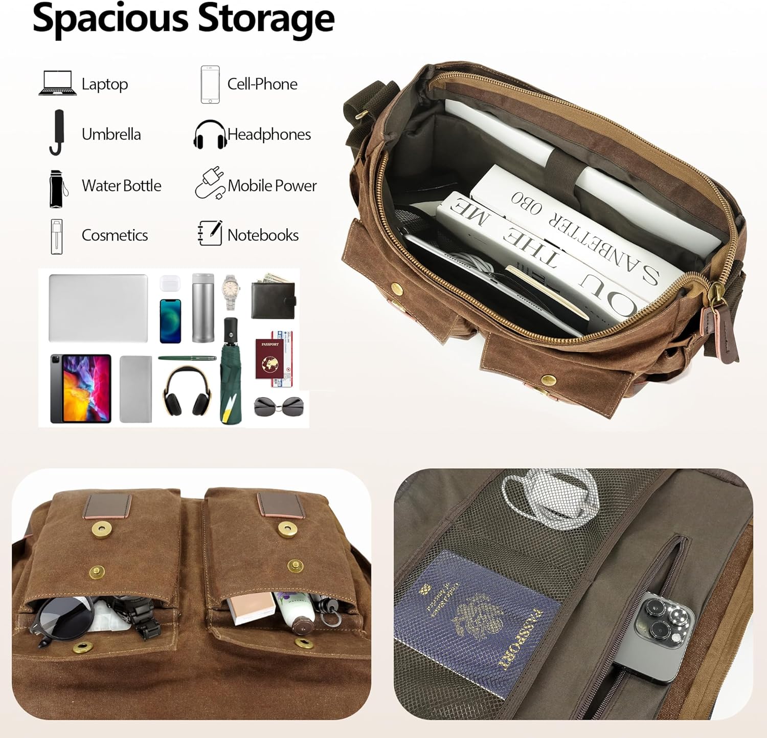 Messenger Bag for Men, 14-15.6 Inch Laptop Bag, Water-resistant Waxed Canvas Messenger Bag, Vintage Computer Satchel Briefcase for School Work Travel (Vintage Brown)