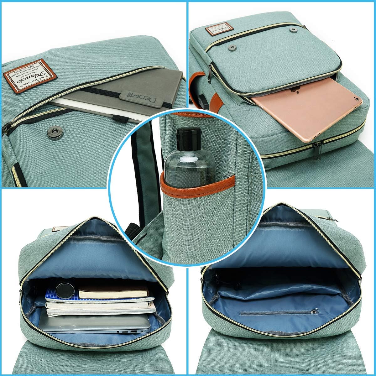 Mancio Vintage Laptop Backpack with USB Charging Port, Slim Tear Resistant Business Backpack for Travelling, College, Casual Daypacks for Men,Women, Fits up to 15.6Inch Notebook, Green