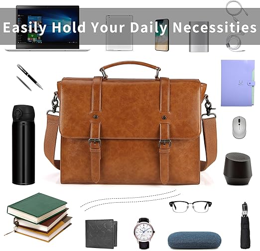 Mens Messenger Bag Vintage 15.6 Inch Waterproof Leather Laptop Briefcase Large Satchel Shoulder Bag Retro Office College Computer Bag, Brown