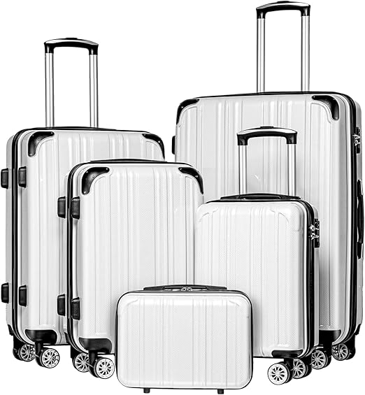 Coolife Luggage Expandable 5 Piece Sets PC+ABS Spinner Suitcase 20 inch 24 inch 28 inch (white grid new)
