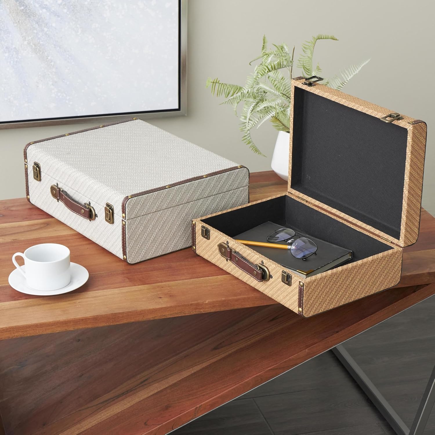 Deco 79 Wooden Decorative Trunk Vintage Studded Woven Storage Decorative Large Boxes with Bronze Latches and Brown Handles, Set of 2 Storage Trunks 16", 14" W, Multi Colored