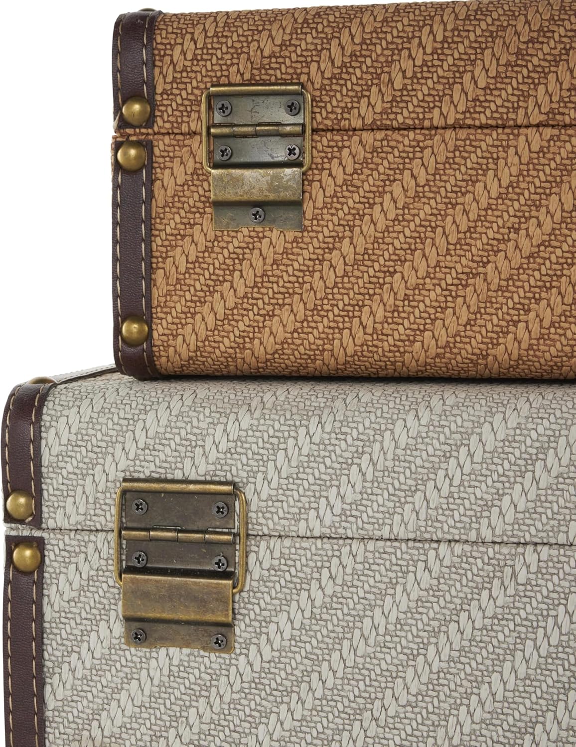 Deco 79 Wooden Decorative Trunk Vintage Studded Woven Storage Decorative Large Boxes with Bronze Latches and Brown Handles, Set of 2 Storage Trunks 16", 14" W, Multi Colored