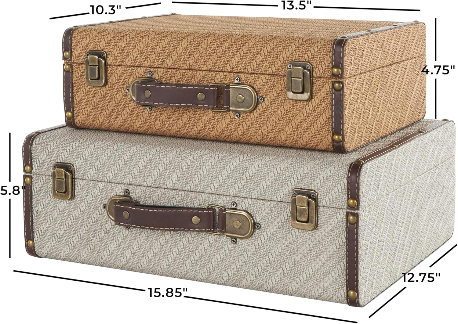 Deco 79 Wooden Decorative Trunk Vintage Studded Woven Storage Decorative Large Boxes with Bronze Latches and Brown Handles, Set of 2 Storage Trunks 16", 14" W, Multi Colored